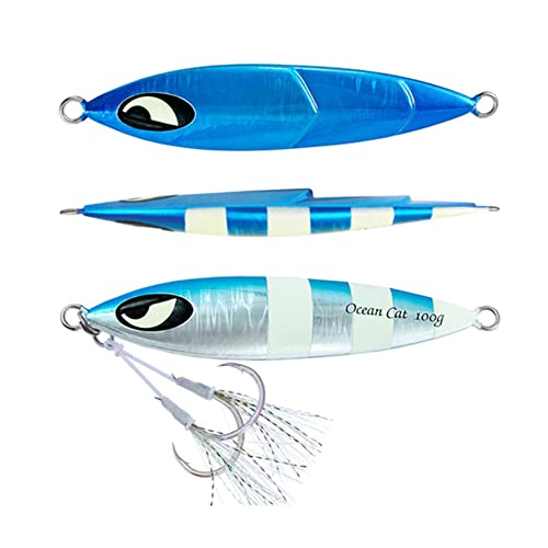 OCEAN CAT 1 PC Slow Fall Pitch Fishing Lures Sinking Lead Metal Flat Jigs Jigging Baits with Hook for Saltwater Fishing 100G/150G/200G/250G (60g Blue&Silver)