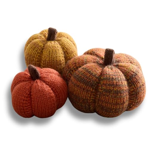 Your Heart's Content Set of 3 Cozy Mini Knit Pumpkins, Warm Green Gold Fall Table top décor, Soft Autumn Home Accents, Thanksgiving Table Setting (Spiced Maple Multi-Size Set)