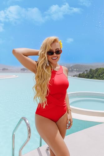Image of OQQ Women's One Piece Swimsuits Tummy Control High Waisted Cross Bathing Suit Wrap Tie Back 1 Piece Swimwear