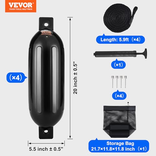 VEVOR Boat Fenders, 5.5" x 20" Boat Bumpers for Docking, Inflatable Ribbed Fender with Center Holes, Marine Boat Dock Fender Bumper with Air Pump, 4 Needles and 4 Ropes and Storage Bag, Black - image 7