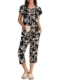 Ekouaer Womens Pajama Set Short Sleeve Sleepwear Pleated Floral Pjs Set Capri Pants Lounge Sets with Pockets S-XXL