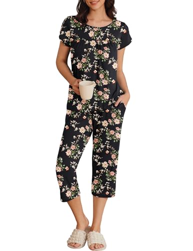Image of Ekouaer Women's Capri Pajama Set Short Sleeve Mumu Pjs Pleated Top Capri Pants with Pockets Sleepwear Lounge Set