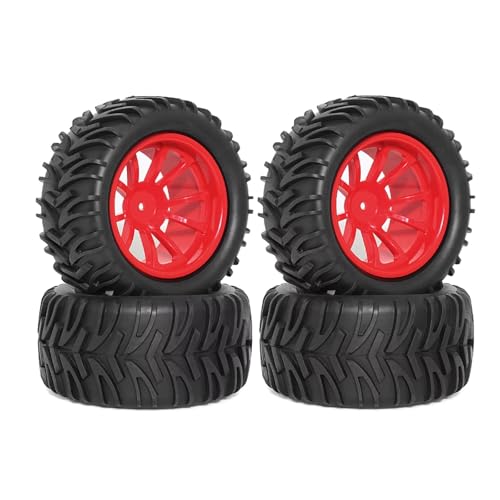RCカーのタイヤとホイール For Traxxas For Rustler For Redcat For Volcano EPX Pro S30 For Blackout XTE 1/10 12mm六角ホイールとタイヤ、RCカーパーツ交換用(Red)