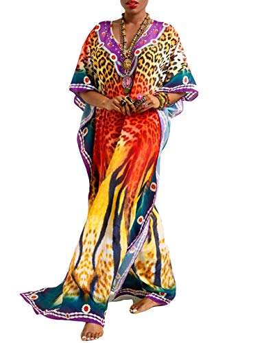 Bsubseach Femmes Grande Taille léopard Plage Robe Demi Manches imprimé Ethnique Plage Maillot de Bain Couverture Ups Longues Caftan Robes