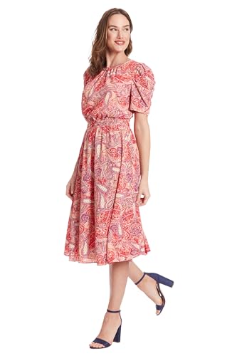 Image of London Times Women's Caterpillar Puff Sleeve Midi Dress - Gathered Waist A-Line Flowy Summer Dress