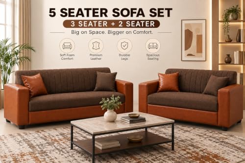 Image of 3+2 Sofa Set for Living Room | 3 Seater & Two Seater Sofa | Premium Fabric & Leatherette Upholstery | Soft Foam Cushions | for Home, Office & Reception | Pre-Assembled(Brown and Tan)