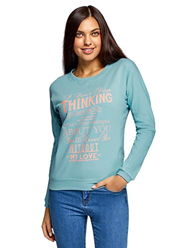 oodji Ultra Mujer Sudadera con Estampado, Turquesa, ES 42 / L