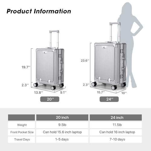 MRPLUM Front Pocket Carry On Luggage,PC Hardside Spinner Wheel Suitcase with TSA Lock,Cup Holder,Phone Holder&USB Charging Port,Silver(1 Piece)2