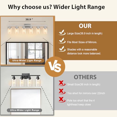 Image of IZORRO Bathroom Light Fixtures, Modern Vanity Lights, Bathroom Lighting Fixtures Over Mirror with Clear Glass Shade, Wall Sconce for Living Room Cabinet Bedroom (Brushed Nickel, 6-Light)
