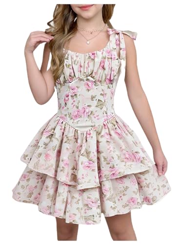 MakeMeChic Girl's Floral Print Ruched Ruffle Tiered Tie Shoulder A Line Summer Mini Dress
