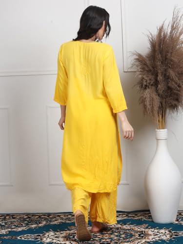 Image of Women's Luxe Lucknowi Chikankari Hand Embroidered Rayon Dyed Kurti Palazzo Dupatta Set - Designer Ethnic Wear for Wedding, Festive & Party Occasions