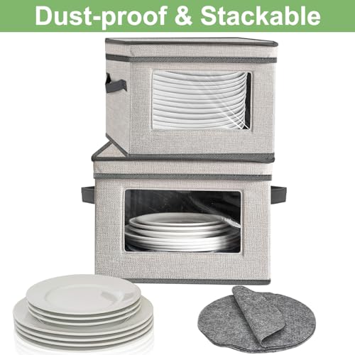 homyfort China Storage Containers With Lid and Handles, Dinnerware Storage Box for Dishes with 12 Felt Dividers, Hold 24 Plates,12 x 12, Set of 2, Light Grey