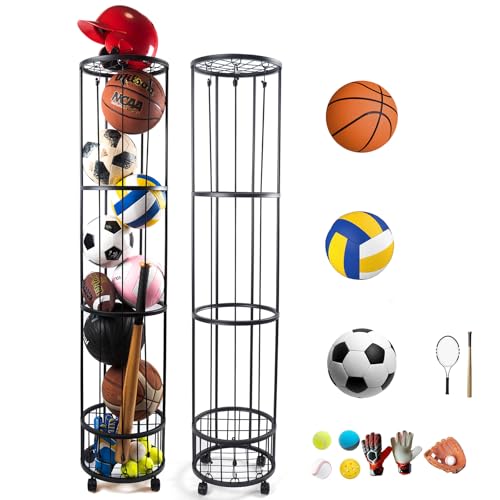 FiloxeniaOasis Upgrated 4-Layer Ball Storage Rack with Small Bottom Ball Holder and Mesh Top, 3 Adjustable Elastic Cords Sports Equipment Organizer, Wall-Mounted Basketball Rack for Indoor, Outdoor