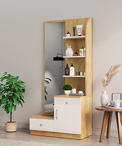 Image of Bniture Wooden Dressing Table for Bedroom with 2 Drawer, Mirror and Huge Storage Space | Long Dresser Vanity Table with Mirror (40D x 85W x 180H CM) (Giant Wood & Frosty White)