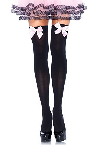 Leg Avenue Women's Opaque Thigh High Stockings with Satin Bow, Black/Light Pink, One Size