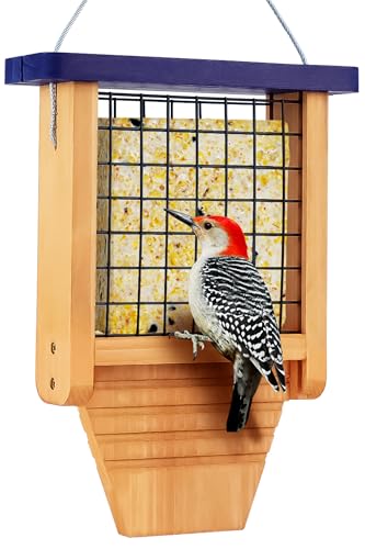 Gbekery Wooden Suet Bird Feeder for Outside Hanging, Woodpecker Suet Feeder with Tail Prop, Hanging Bird Feeder for Wild Birds, 1 Pack, Blue