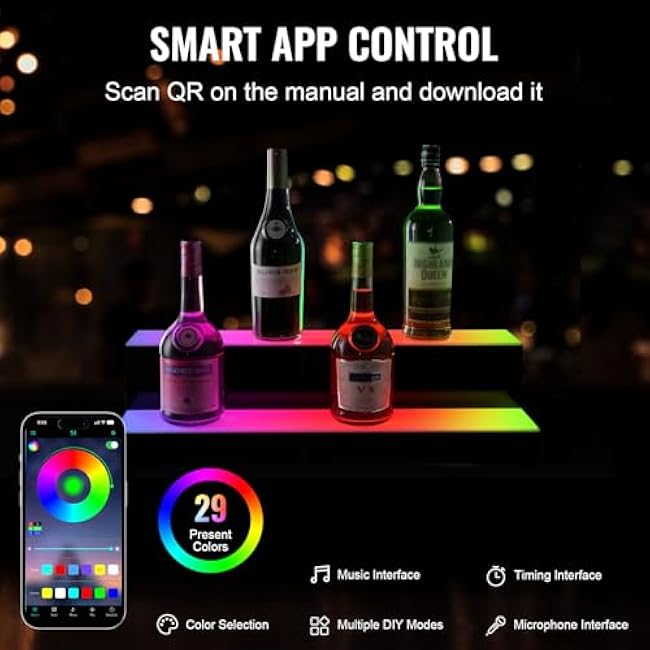 VEVOR LED Lighted Liquor Bottle Display, 2 Tiers 24 Inch Commercial Illuminated Home Bar Shelf, 2 Steps Whiskey Rack Stand, Acrylic Drink Shelves with RF Remote & App Control, and Multicolor Light