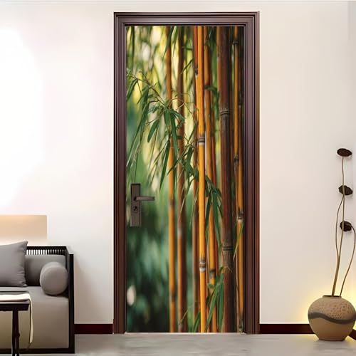 Autoadhesivo Pegatinas Para Puertas 88x200 cm PatróN De Bosque De Bambú Denso Pegatinas Impermeables, Amarillo Parduzco 3D Vinilos Pegatina para Puertas DecoracióN Del Hogar BañO u Oficina