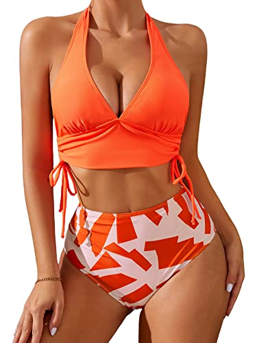 Floerns Traje de baño de 2 piezas para mujer, con cordón lateral, cuello halter, bikini, Naranja, Small Cover