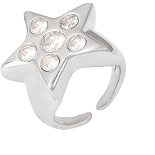 Y2K Rhinestone Large Star Open Band Statement Ring Punk Aesthetic for Women Men Stainless Steel Chunky Pentagram Gothic Grunge Stackable Finger Knuckle Rings Comfort Fit Fashion Jewelry Size 7
