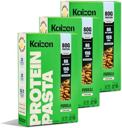 Kaizen Low Carb Pasta, 20g High Protein, 6g Net Carb, Fusilli 8 Oz (3-Pack)