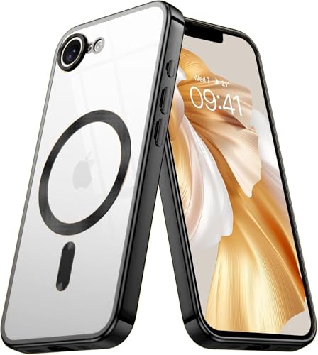 Image of VONZEE Electroplating Transparent Clear Logo Back Cover TPU Compatible with iPhone 17e / iPhone 16e Case, Compatible with Magsafe, Full Body & Camera Protection for Each Lens for Men & Women (Black)