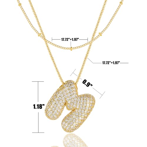 Bubble Letter Necklace Gold for Women，Layered Plated Initial Pendant Puffy Zircon Name Personalized Necklaces Fashion Jewelry for Gifts4