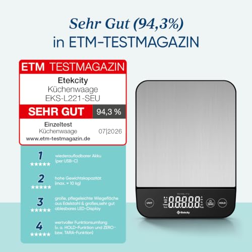 Etekcity 10kg Küchenwaage Digital - Edelstahl Waage Küche mit USB-Aufladung – Ansicht 2