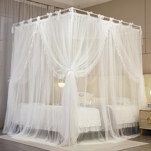 4 Corners Post Princess Curtain Bed Canopy Lace Up Double Layer 4...