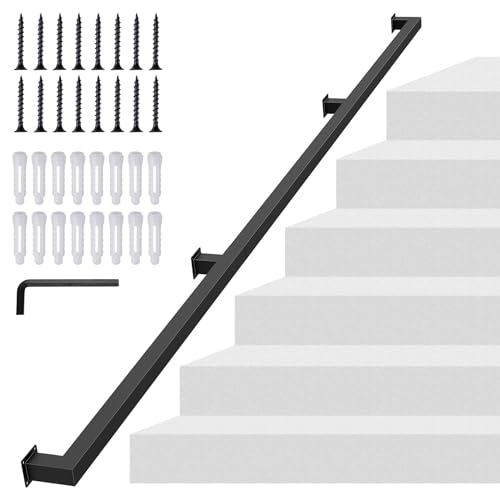 Kwdobuus 8Ft Square Tube Handrail,Wall Mount Staircase Handrail Modern Pipe Stair Industrial Stair Rail For Indoor Outdoor Steps,440Lbs Load,Carbon Steel Non-Slip Grab Handle For Loft Porch 3Sections cover