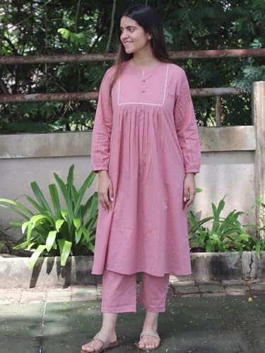 Image of GoSriKi Women's Vertikal Solid A-Line Kurta with Pant | Ethnic Kurta Set for Women | Viscose Blend Casual Office Wear Kurta Pant Set | Festive Traditional Outfit for Daily & Party