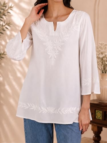 Image of QAZMI Women Kashmiri Aari Embroidered Viscose Rayon A-Line Short Kurti with Bell Sleeves