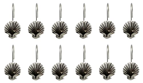 Silver Shower Curtain Rings Hooks Polished Shiny Chrome Seashells Decorative Shower Curtain Hooks Set of 12 Metal Rust-Proof Shower Hanger Rings for Bathroom Curtains Rods