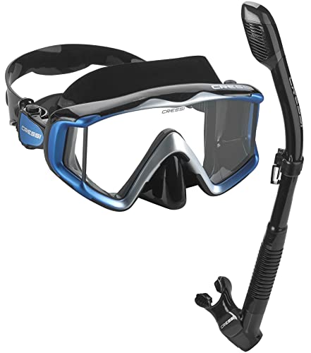 Panoramic Wide View Mask & Dry Snorkel Kit For Snorkeling, Scuba Diving Pano 3 & Supernova Dry Snorkel Set: Designed In Italy, Black Blue #TOP12