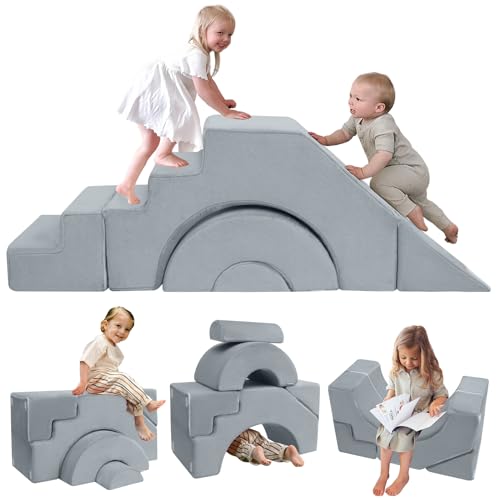 MeMoreCool Modular Kids Sofa – Convertible Foam Couch with Slide & Stair, Playroom & Bedroom Sectional Child Furniture | Soft Washable Cover | Ages 3+ | Grey