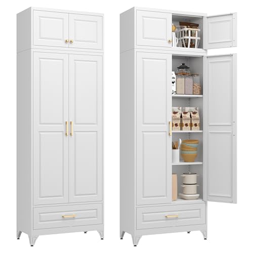 Image of Polup Kitchen Pantry Cabinet, 90 inch Tall Metal Storage Cabinet with Doors | White Heavy-Duty Steel Cupboard, 5 Adjustable Shelves, Magnetic Latch, Gold Handles, for Dining Living Room, Laundry, Garage