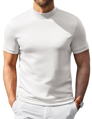 COOFANDY Mens Mock Turtleneck Sweater Short Sleeve 2026 Stylish Slim Fit Fashion Basic Underwear White