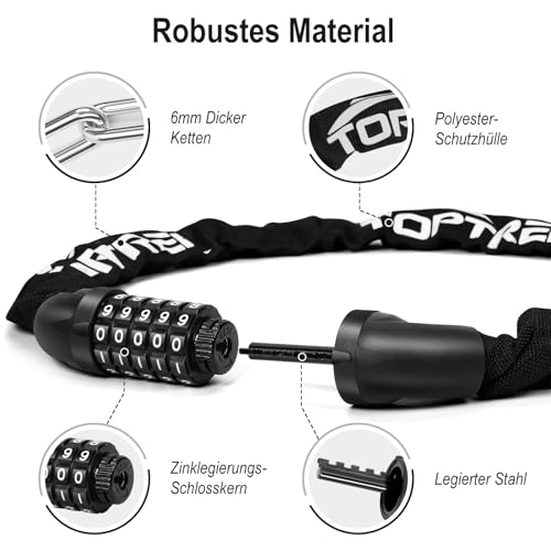 toptrek Fahrradschloss Zahlenschloss, Fahrrad schloss Hohe Sicherheit mit 5 stellig Zahlencode, 6mmx100cm Stahlkettenglieder Kettenschloss für Fahrrad/Motorrad/E-bike/Scooter (Schwarz)