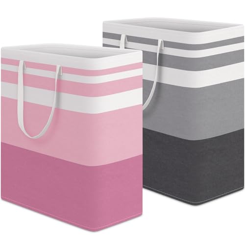 HomeHacks 2 Pack Large Laundry Baskets, Waterproof, Freestanding Laundry Hampers, Collapsible Clothes Hamper with Reinforced Handles in Laundry, College Dorm, Bathroom, Bedroom (Grey+Pink, 100Lx2)