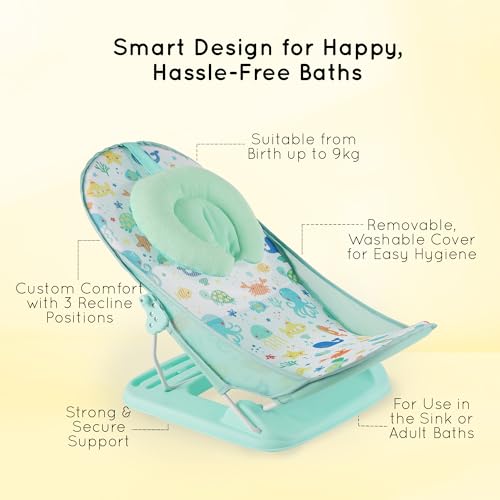 Image of Premium Baby Bather | Bath Chair for Newborns and Infants 0-3 Months | Foldable | 3 Position Adjustable Chair | Anti Skid Base | Washable Soft Mesh Seat | for Babies Upto 5Kg (Aqua)