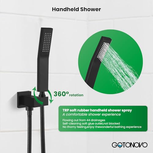 gotonovo Rainfall Bathroom Shower System Rain Shower Head and Handle Set Wall Mounted Shower Complete Combo Solid Brass Pressure Balancing Shower Mixer Valve 12 Inch Matte Black by gotonovo - Used condition - Image 4