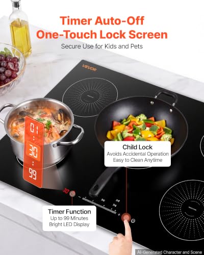 Image of VEVOR Induction Cooktop 30inch 5 Burners Built-in Electric Stove 220V 9200W, Induction Burner for Kitchen, with 9 Power Levels, LED Touch Screen, Ceramic Glass Surface, Child Lock
