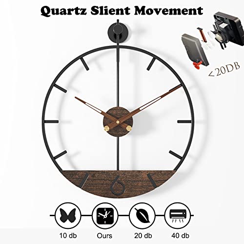 Image of Modern Wood Walnut Dial Wall Clock, Large Simple Wall Decor Metal Frame Silent Non Ticking Clock for Living Room Decor, Kitchen, Bedroom, Study Decoration, Handmade Home Gift Idea, 15.8 in