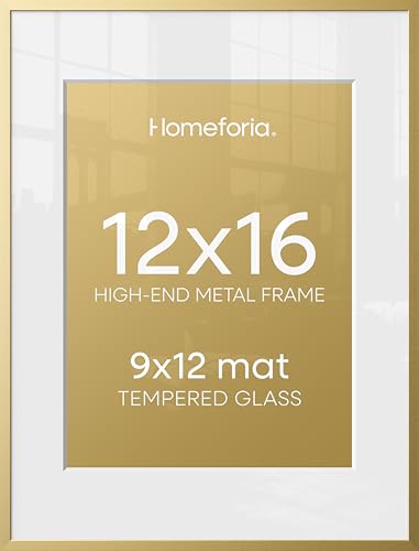 Image of Homeforia 12x16 Picture Frame Gold, High End Metal 12x16 Poster Frames with Mat 9x12 for Photo, 12 x 16 Gold Frame Matted to 9 by 12 Print, 16x12 Thin Hanging Frame, Tempered Glass, Wall Kit, Set of 2