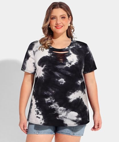 Image of CARCOS Plus Size Tops for Women Short Sleeve Shirts Basic Tee Solid Color Blouse V Neck Tunic Loose Fit Tshirts Summer XL-5XL