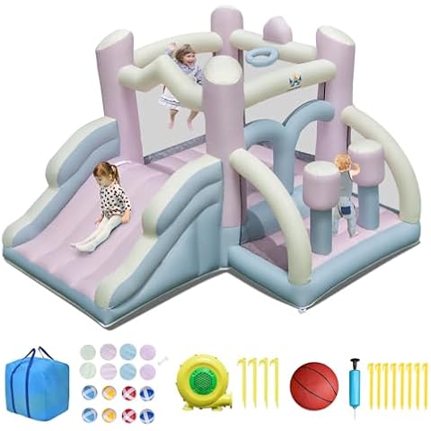BOUNTECH Inflatable Bounce House, White Pink Dream Cotton Bouncy House for Kids 5-12 Indoor Outdoor Backyard Fun w/Blower, Wide Slide, Toddler Jumper Bouncy Castle for Boys Girls Birthday Party Gift Cover
