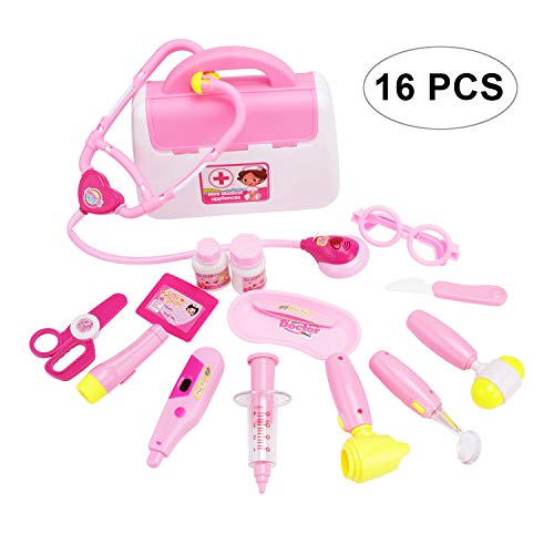 DesignerBox Kit médico para niños con estetoscopio electrónico, 16 piezas de juguetes médicos de simulación y juego, juego de herramientas médicas, kit de enfermera en rosa estuche de regalo duradero