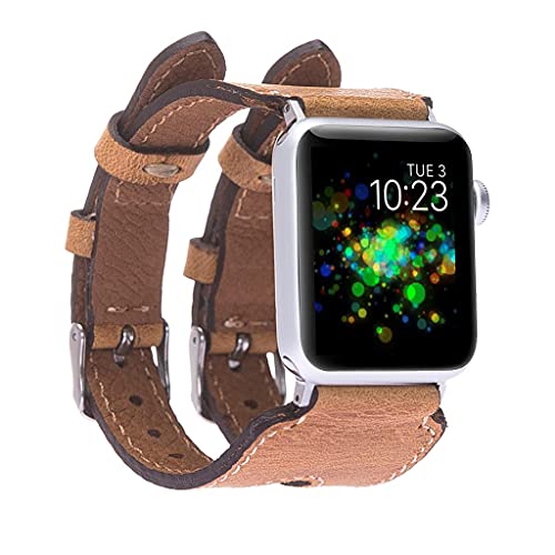 HARDISTON Apple Watch Band 44mm for men & women, Handmade Genuine Leather, Double Wings Watch Band Compatible with iWatch Series 7 6 5 4 3 2 1 SE Wrist Bracelet Replacement Strap Medium/Band-Amber