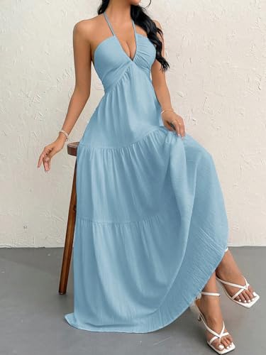 Image of Narecte Women's Maxi Summer Dresses Halter V Neck Beach Dresses for Women A-Line Casual Dress for Vacation