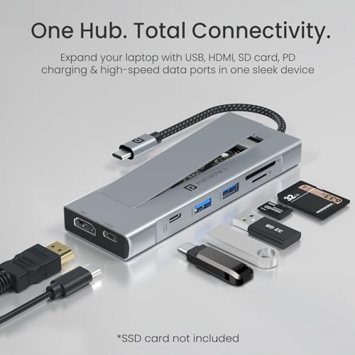 Image of Portronics Mport Space 8-in-1 Type-C Hub with Built-in M.2 NVMe /SATA SSD Slot, 100W PD Charging, 4K@30Hz HDMI Output, USB 3.0, SD /microSD Reader, Type-C Data, Aluminium Body, Nylon Braided Cable